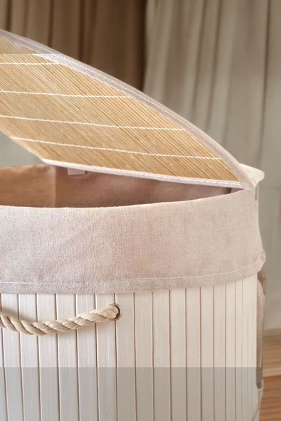 Akkoyunlu home Bambu Katlanır Yuvarlak Kirli Çamaşır Sepeti Beyaz Hasır Çamaşır Sepeti 35x60 - Resim 3