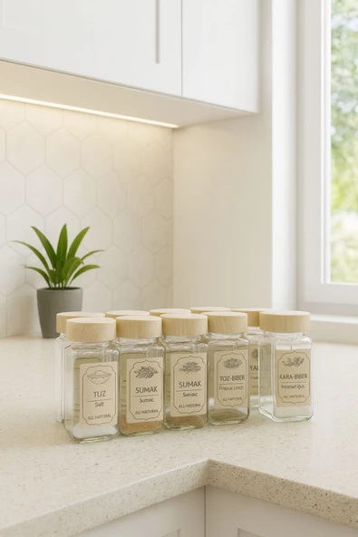 Akkoyunlu home Ahşap Kapaklı Kare Cam Baharatlık Seti Kavanoz Takımı 12 li 140 cc 12 Adet Etiketli ürün görseli 1