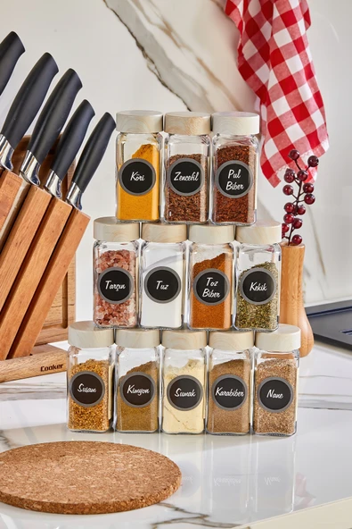 Akkoyunlu home Ahşap Kapaklı Cam Baharatlık Seti Kavanoz Takımı 12 li 140 cc 24 Adet Siyah Etiket - Resim 3