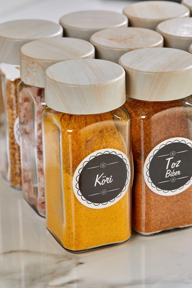 Akkoyunlu home Ahşap Kapaklı Cam Baharatlık Seti Kavanoz Takımı 12 li 140 cc 24 Adet Dantel Etiket - Resim 6