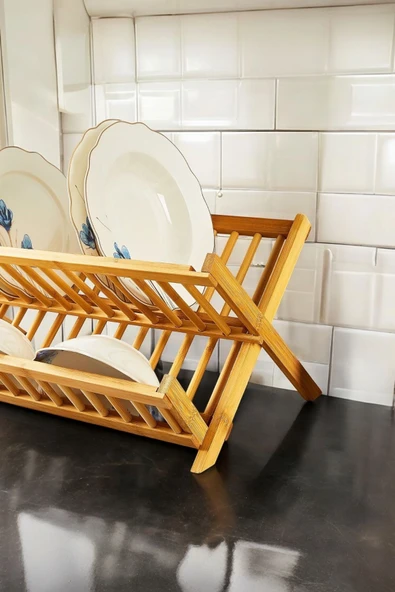 Akkoyunlu home Bambu Bulaşıklık Tabaklık 2 Katlı Katlanabilir Tabaklık (47 cm 32 cm ) - Resim 3