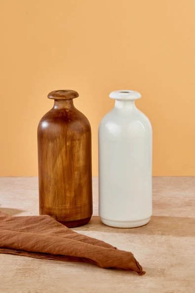 Akkoyunlu home 2'li Testi Dekoratif Pinterest Vazo Seramik Şık Dekorasyon Çiçeklik Vazo(Beyaz-Kahve) - Resim 5