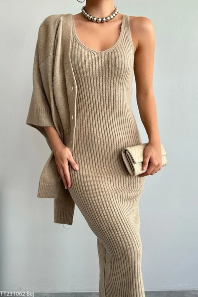 İnce Askılı Midi Boy ve Hırkalı Triko Takım - Resim 8