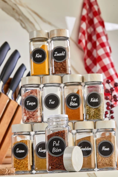 Akkoyunlu home Ahşap Kapaklı Cam Baharatlık Seti Kavanoz Takımı 12 li 140 cc 24 Adet Siyah Etiket - Resim 2