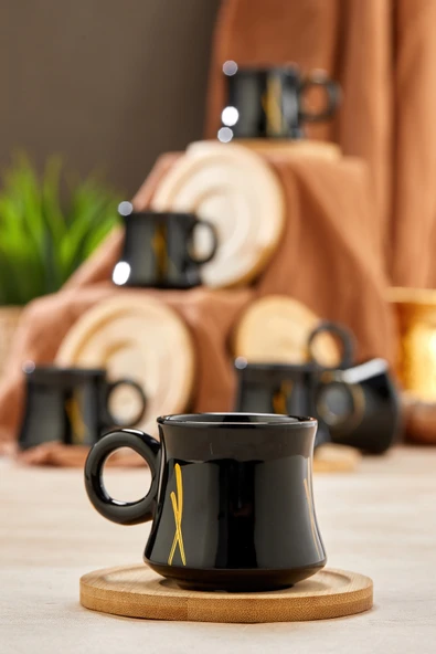 Akkoyunlu home Ahşap Altlıklı Siyah Kahve Fincanı Takımı 6 Kişilik Türk Kahvesi Fincan Seti 12 Parça - Resim 4