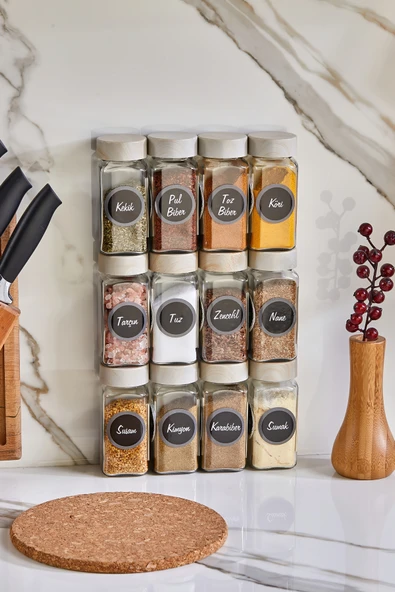 Akkoyunlu home Ahşap Kapaklı Cam Baharatlık Seti Kavanoz Takımı 12 li 140 cc 24 Adet Siyah Etiket - Resim 5