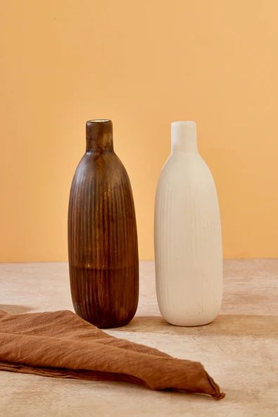 Akkoyunlu home 2'li Çizgili Dekoratif Pinterest Vazo Seramik Şık Dekorasyon Vazo Seti (Kahve-Beyaz) - Resim 5