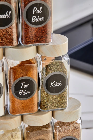 Akkoyunlu home Ahşap Kapaklı Cam Baharatlık Seti Kavanoz Takımı 12 li 140 cc 24 Adet Siyah Etiket - Resim 4