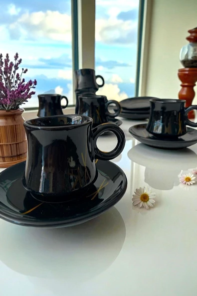 Akkoyunlu home Türk Kahvesi Fincanı 6 Kişilik 12 Parça Kahve Fincanı Takımı Siyah Gold Yaldızlı ürün görseli 1