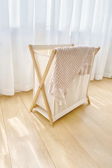 Akkoyunlu home Bambu Katlanır Kirli Çamaşır Sepeti Beyaz 34x42x58 cm - Resim 3