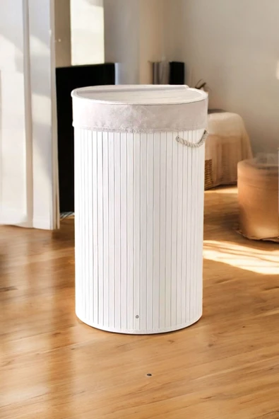 Akkoyunlu home Bambu Katlanır Yuvarlak Kirli Çamaşır Sepeti Beyaz Hasır Çamaşır Sepeti 35x60 ürün görseli 1