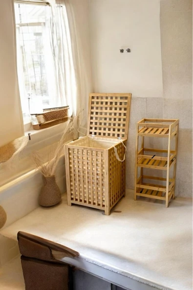 Akkoyunlu home Bambu Çamaşır Sepeti Ekose Bambu Sepet Natural 62x45x45 Cm - Resim 2