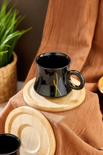 Akkoyunlu home Ahşap Altlıklı Siyah Kahve Fincanı Takımı 6 Kişilik Türk Kahvesi Fincan Seti 12 Parça - Resim 5