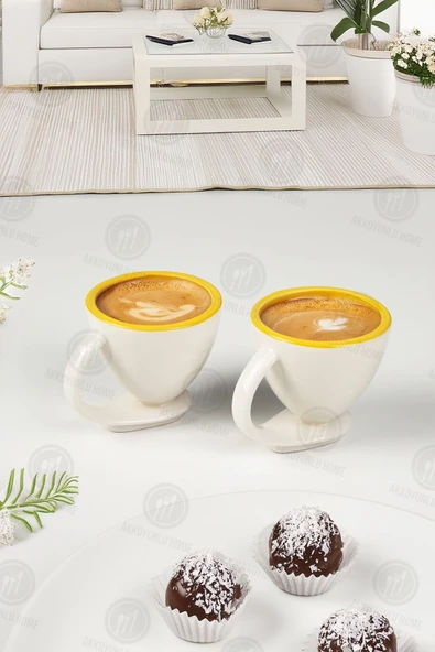 Sezka Life 2 li Porselen Kahve Fincanı Takımı Kendinden Tabaklı Kupa Takımı Sarı Yaldızlı ürün görseli 1