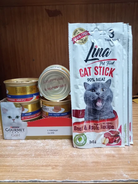 GOURMET GOLD KIYILMIŞ KEDİ KONSERVE 85 GR 5 ADET+2 PAKET(6 ADET) SIĞIR-ELMALI TAHILSIZ  ÖDÜL STİCK ürün görseli 1