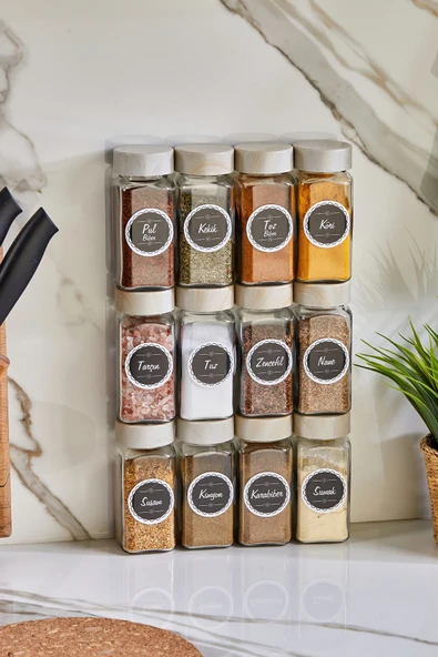 Akkoyunlu home Ahşap Kapaklı Cam Baharatlık Seti Kavanoz Takımı 12 li 140 cc 24 Adet Dantel Etiket ürün görseli 1