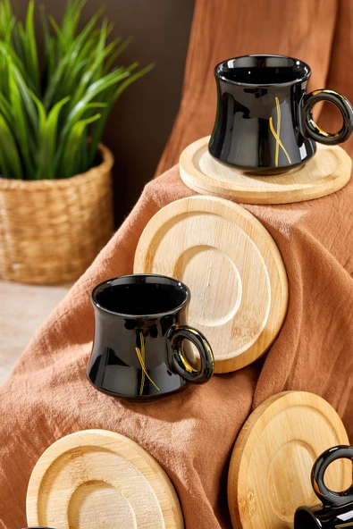 Akkoyunlu home Ahşap Altlıklı Siyah Kahve Fincanı Takımı 6 Kişilik Türk Kahvesi Fincan Seti 12 Parça - Resim 7