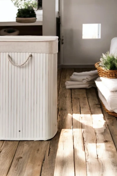 Sezka Life Çamaşır Sepeti Beyaz Hasır Çamaşır Sepeti 30x40x60 - Resim 2