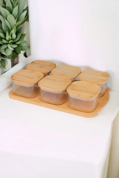 Sezka Life 6'lı Bambu Kapaklı Cam Kahvaltılık Seti ve Bambu Altlığı ürün görseli 1