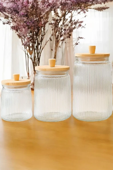 Akkoyunlu home 3 Boy Bambu Kapaklı Vakumlu Çizgili Cam Kavanoz Bahartlık Seti (500-750-1000 ml) - Resim 2