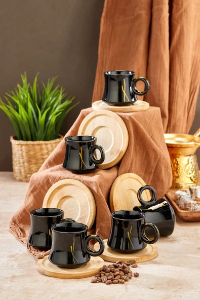 Akkoyunlu home Ahşap Altlıklı Siyah Kahve Fincanı Takımı 6 Kişilik Türk Kahvesi Fincan Seti 12 Parça - Resim 2