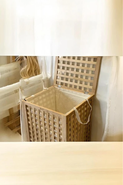 Akkoyunlu home Bambu Çamaşır Sepeti Ekose Bambu Sepet Natural 62x45x45 Cm - Resim 4