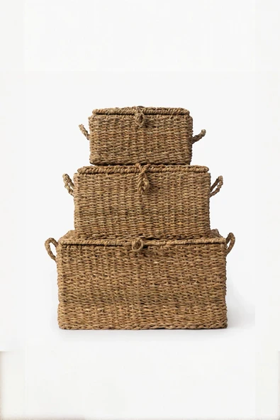 Sezka Life 3 Boy Hasır Dokuma Dikdörtgen Çamaşır Sepeti Banyo Mutfak Düzenleyici Sepet Organizer - Resim 5