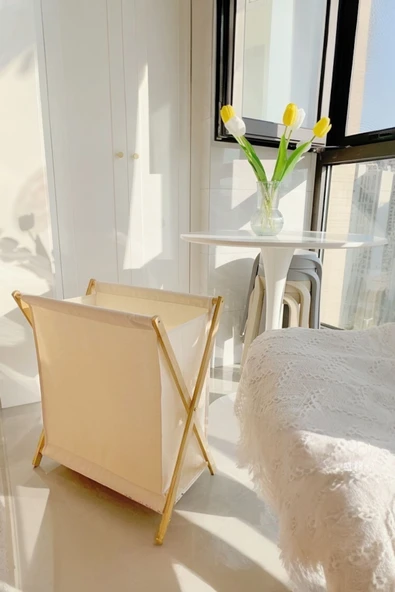 Akkoyunlu home Bambu Katlanır Kirli Çamaşır Sepeti Beyaz 34x42x58 cm - Resim 2