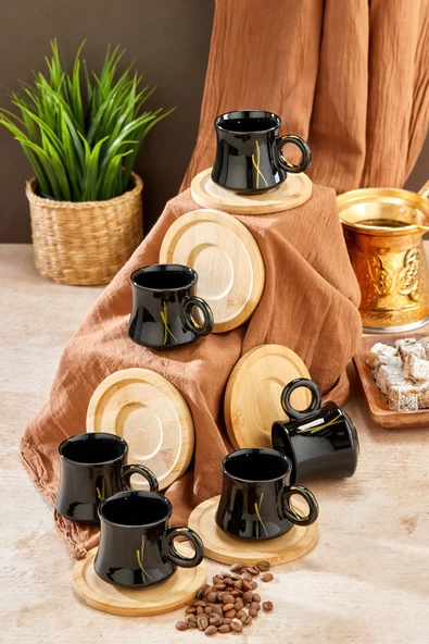Akkoyunlu home Ahşap Altlıklı Siyah Kahve Fincanı Takımı 6 Kişilik Türk Kahvesi Fincan Seti 12 Parça ürün görseli 1