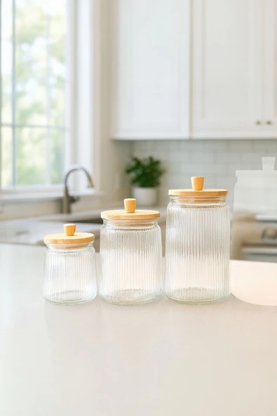 Akkoyunlu home 3 Boy Bambu Kapaklı Vakumlu Çizgili Cam Kavanoz Bahartlık Seti (500-750-1000 ml) ürün görseli