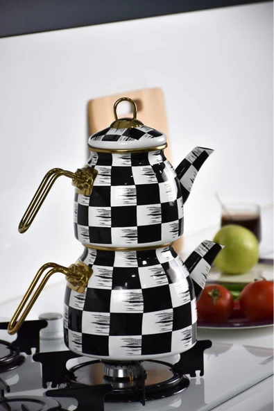 Akkoyunlu home Blackwhite Dama Desen Emaye Çaydanlık Takımı ürün görseli