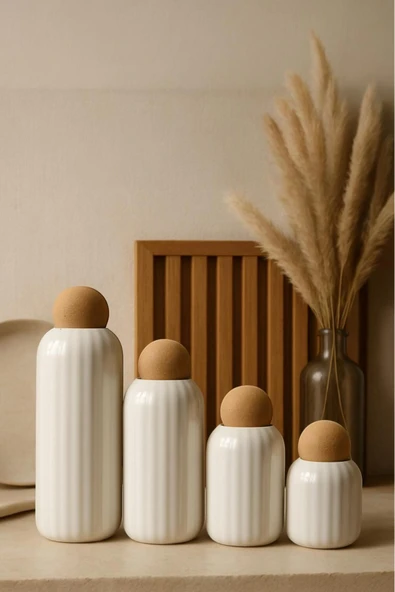 Akkoyunlu home 4'lü Top Kapaklı Çizgili Seramik Kavanoz Ve Baharatlık Seti Kavanoz Takımı ürün görseli 1