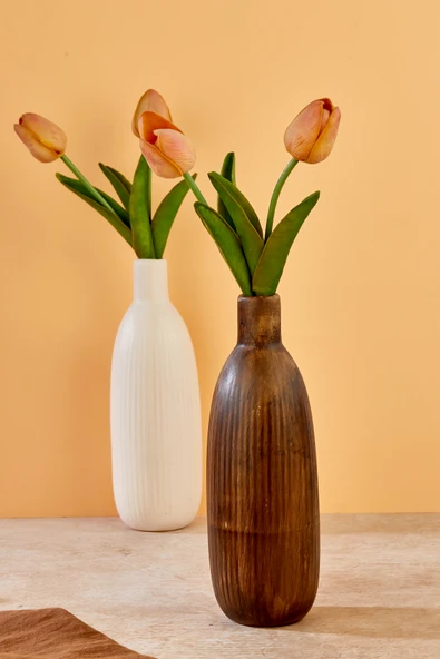 Akkoyunlu home 2'li Çizgili Dekoratif Pinterest Vazo Seramik Şık Dekorasyon Vazo Seti (Kahve-Beyaz) - Resim 4