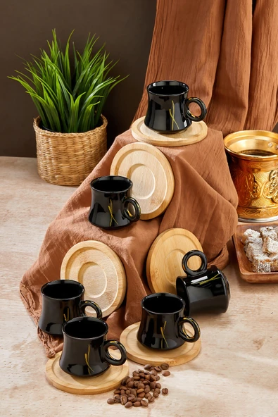 Akkoyunlu home Ahşap Altlıklı Siyah Kahve Fincanı Takımı 6 Kişilik Türk Kahvesi Fincan Seti 12 Parça - Resim 3