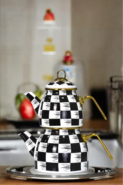 Akkoyunlu home Blackwhite Dama Desen Emaye Çaydanlık Takımı - Resim 2