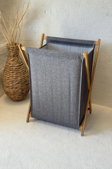 Sezka Life Bambu Katlanır Kirli Çamaşır Sepeti Gri 34x42x58 cm - Resim 3