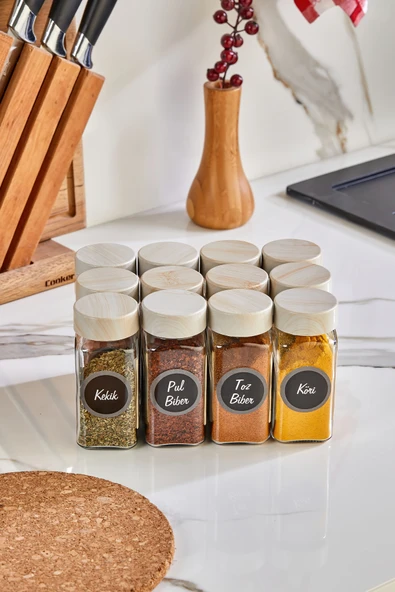 Akkoyunlu home Ahşap Kapaklı Cam Baharatlık Seti Kavanoz Takımı 12 li 140 cc 24 Adet Siyah Etiket - Resim 7