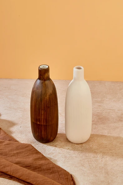 Akkoyunlu home 2'li Çizgili Dekoratif Pinterest Vazo Seramik Şık Dekorasyon Vazo Seti (Kahve-Beyaz) - Resim 6