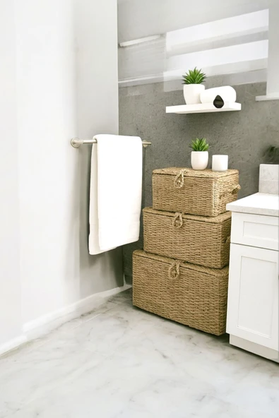 Sezka Life 3 Boy Hasır Dokuma Dikdörtgen Çamaşır Sepeti Banyo Mutfak Düzenleyici Sepet Organizer - Resim 3