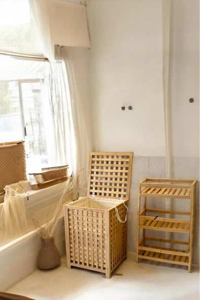 Akkoyunlu home Bambu Çamaşır Sepeti Ekose Bambu Sepet Natural 62x45x45 Cm - Resim 3