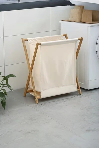 Akkoyunlu home Bambu Katlanır Kirli Çamaşır Sepeti Beyaz 34x42x58 cm - Resim 4