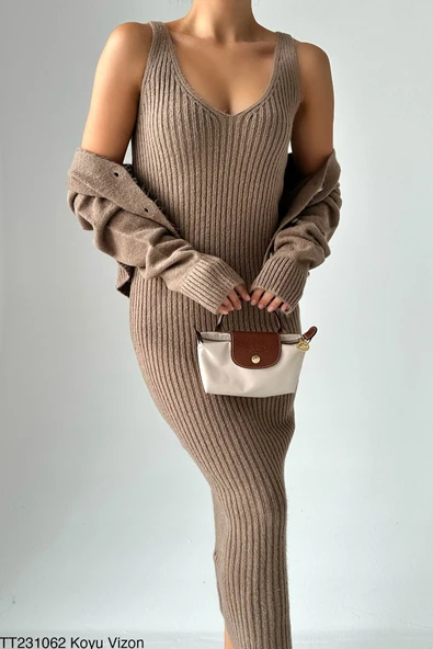 İnce Askılı Midi Boy ve Hırkalı Triko Takım - Resim 7