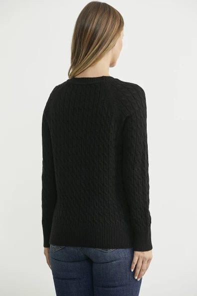 Saç Örgü Motifli Yuvarlak Yaka Triko Kazak - Siyah - Resim 5