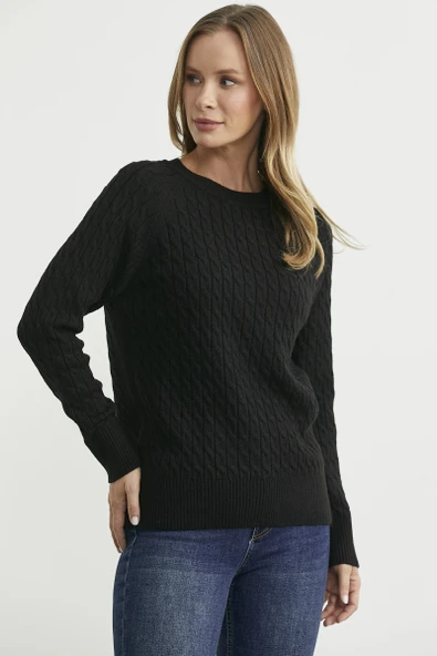 Saç Örgü Motifli Yuvarlak Yaka Triko Kazak - Siyah - Resim 3
