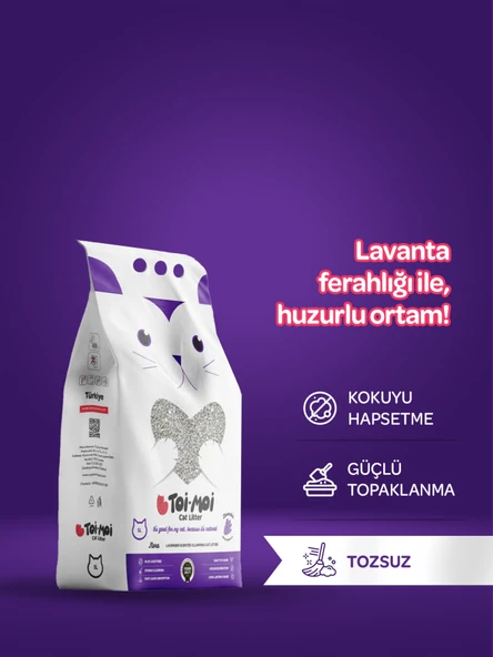 Toi Moi Topaklanan, Tozsuz, Koku Hapseden Lavantalı Bentonit Kedi Kumu 5lt X 2 ADET ( 1 ADET MARSİLYA SABUNLU KOKU GİDERİCİ HEDİYE) ürün görseli