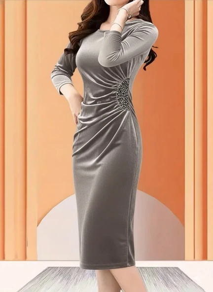 MDB Kadın Uzun Kollu Bot Yaka Yanı Taş Detaylı Midi Kadife Elbise ürün görseli 1