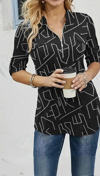 MDB Kadın Uzun Kollu Hakim Yaka Yakadan Fermuarlı Geometrik Desenli Süprem Bluz ürün görseli 1