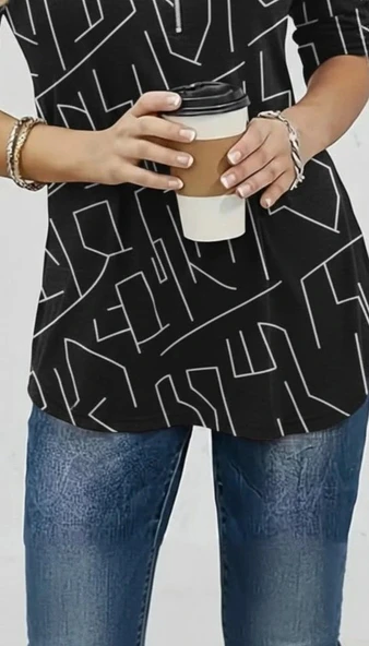 MDB Kadın Uzun Kollu Hakim Yaka Yakadan Fermuarlı Geometrik Desenli Süprem Bluz - Resim 3