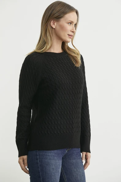 Saç Örgü Motifli Yuvarlak Yaka Triko Kazak - Siyah - Resim 4