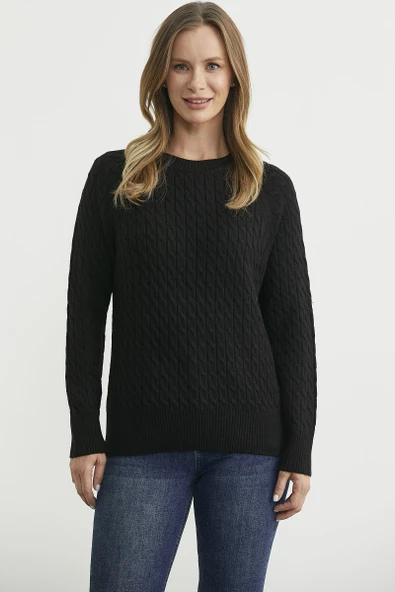 Saç Örgü Motifli Yuvarlak Yaka Triko Kazak - Siyah ürün görseli 1